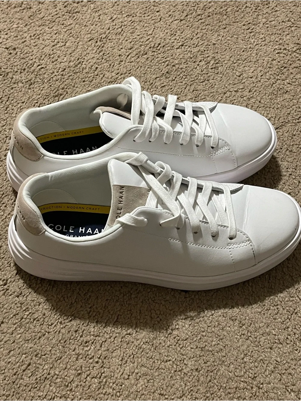 Cole Haan White Men’s Lace-Up Leather Sneakers with Beige Heel Tab